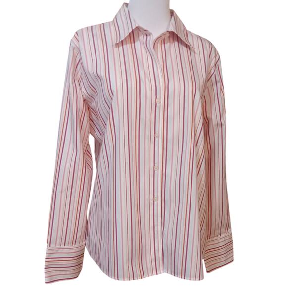EDDIE BAUER Low Wrinkle Button Front Shirt Blouse Top Pink Stripe XL Casual Work - Picture 9 of 10